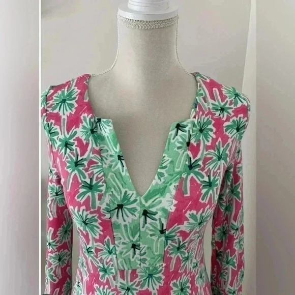 Crown & Ivy Knit MIDI Dress Size S Pink Green Palm Design Stretchy Resortwear - Picture 6 of 10